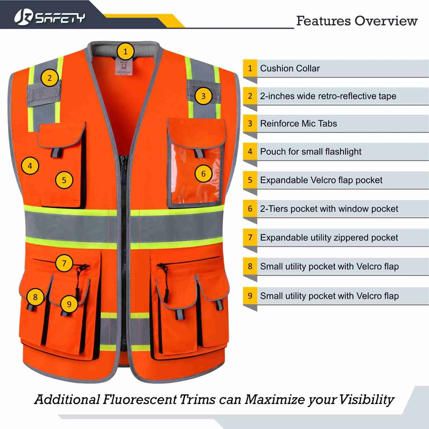 JKSafety 10 Pockets Two-Tone Hi-Vis Reflective Safety Vest (JK089)