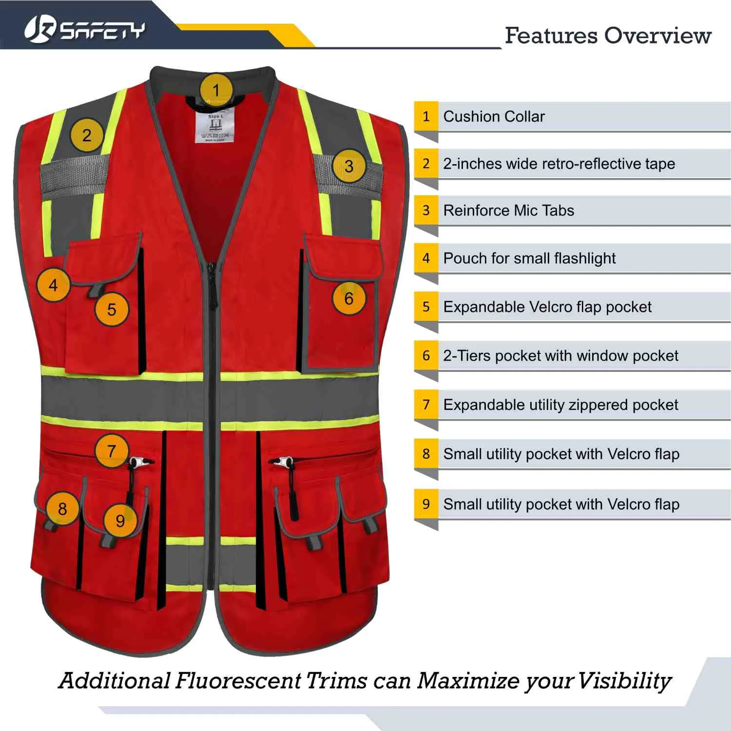 JKSafety 10 Pockets Two-Tone Hi-Vis Reflective Safety Vest (JK089)