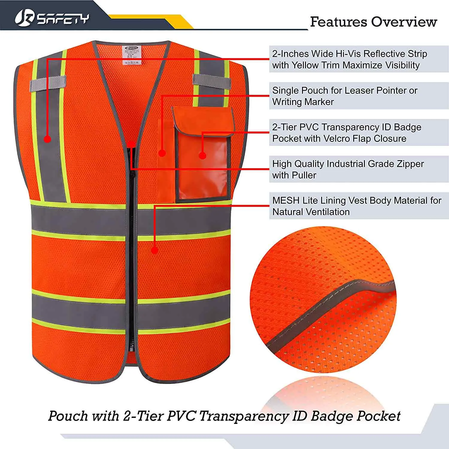 JKSafety 3 Pockets Mesh Two-Tone Hi-Vis Reflective Safety Vest (JK099)