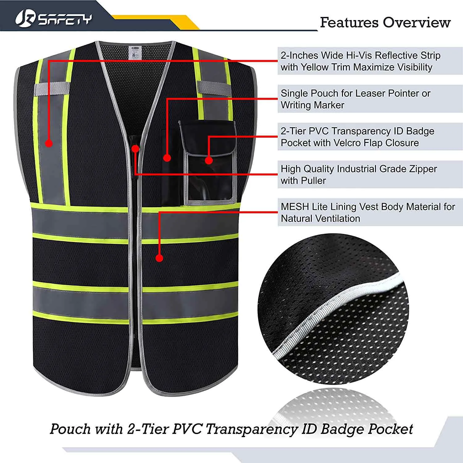 JKSafety 3 Pockets Mesh Two-Tone Hi-Vis Reflective Safety Vest (JK099)