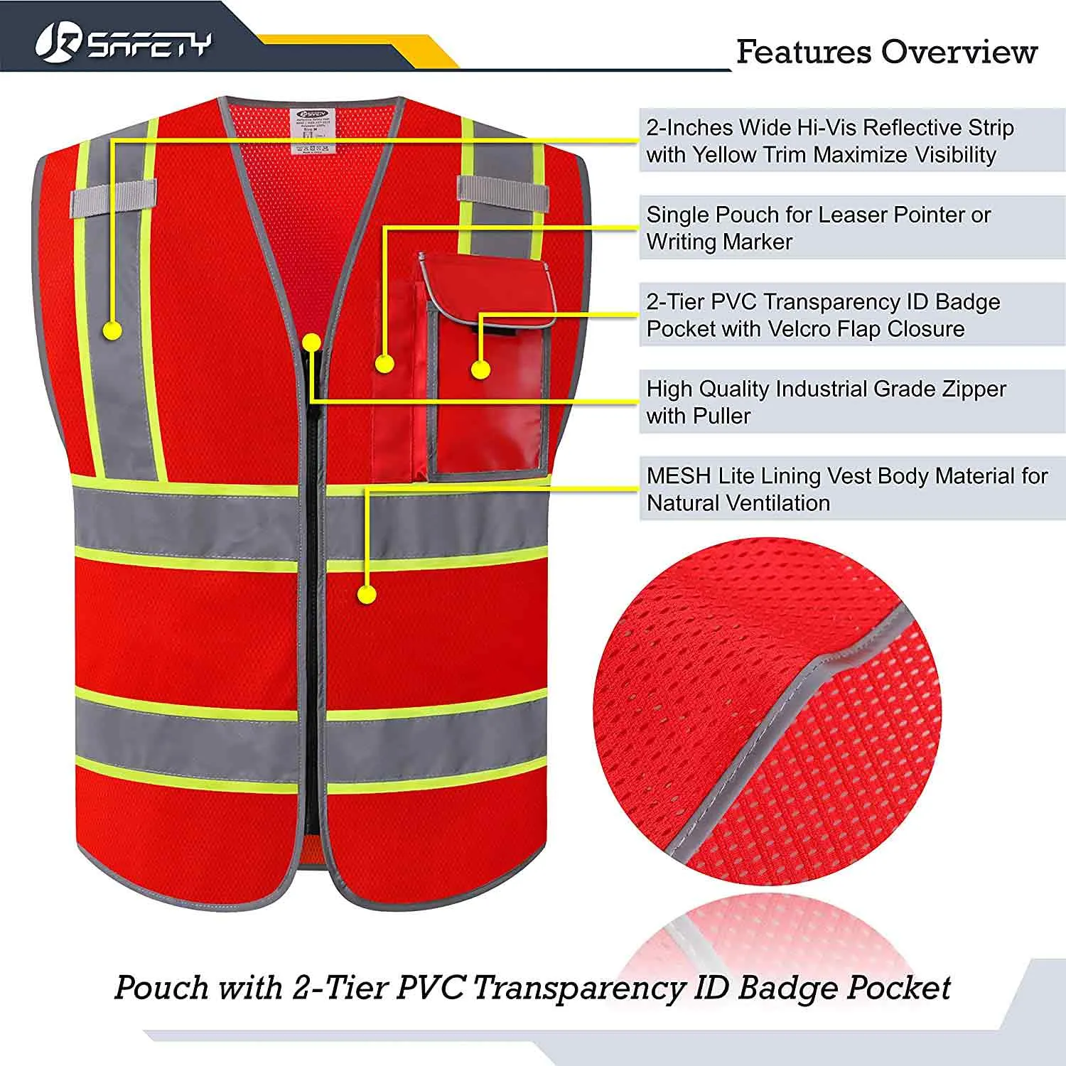 JKSafety 3 Pockets Mesh Two-Tone Hi-Vis Reflective Safety Vest (JK099)