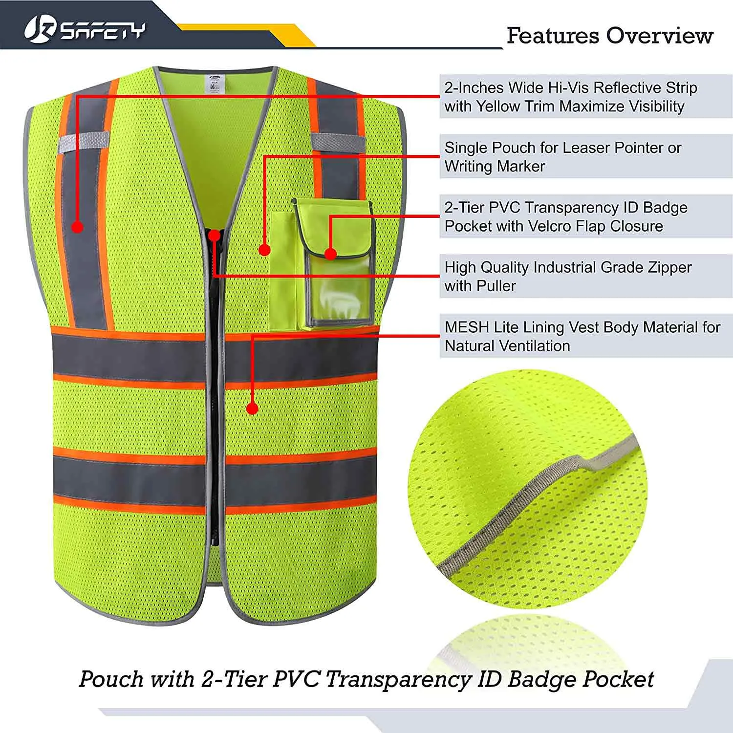 JKSafety 3 Pockets Mesh Two-Tone Hi-Vis Reflective Safety Vest (JK099)