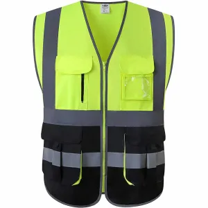 JKSafety 7 Pockets Hi-Vis Reflective Safety Vest, Black Bottom (JK130)