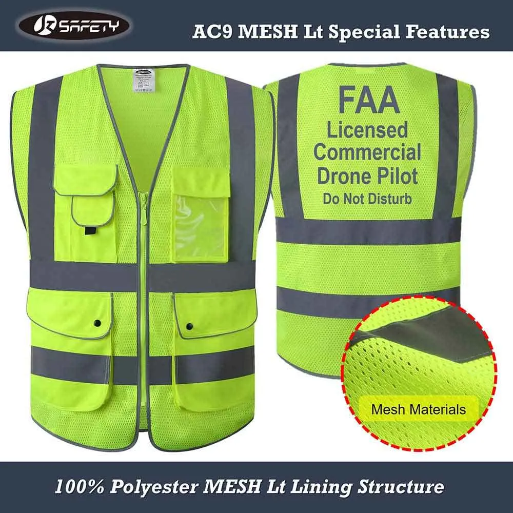 JKSafety 9 Pockets Mesh Hi-Vis Reflective Safety Vest, FAA Drone Pilot (JK210-FAA)