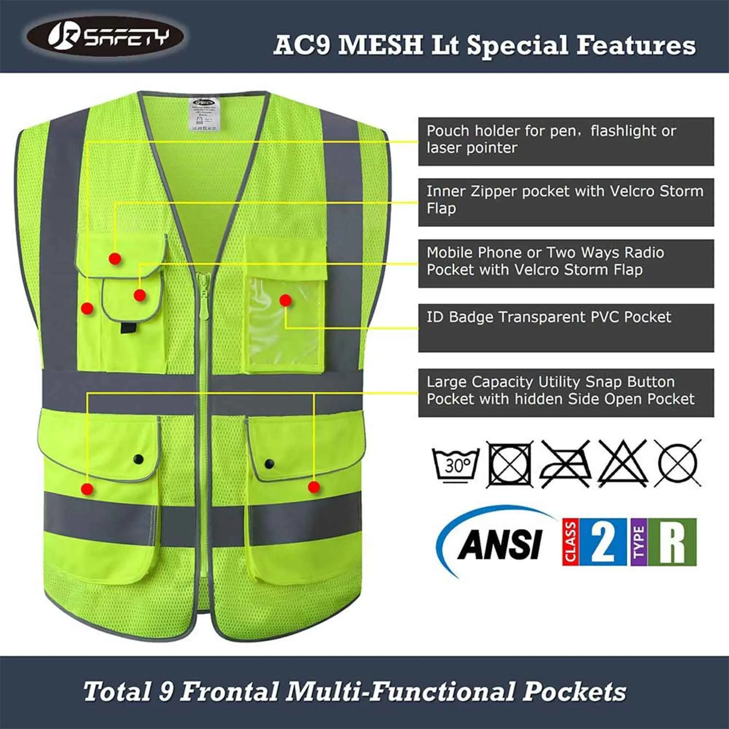 JKSafety 9 Pockets Mesh Hi-Vis Reflective Safety Vest, FAA Drone Pilot (JK210-FAA)