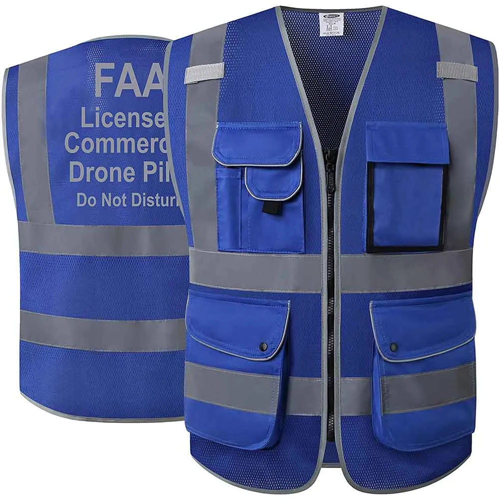 JKSafety 9 Pockets Mesh Hi-Vis Reflective Safety Vest, FAA Drone Pilot (JK210-FAA)