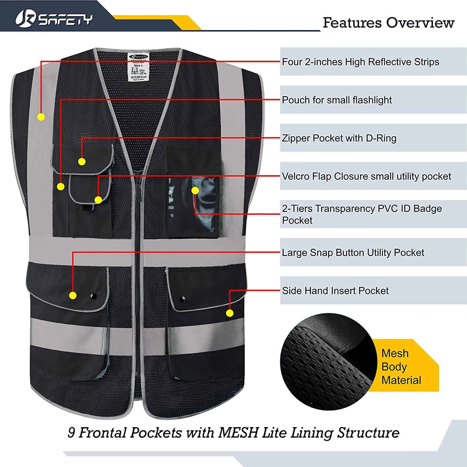 JKSafety 9 Pockets Mesh Hi-Vis Reflective Safety Vest, FAA Drone Pilot (JK210-FAA)