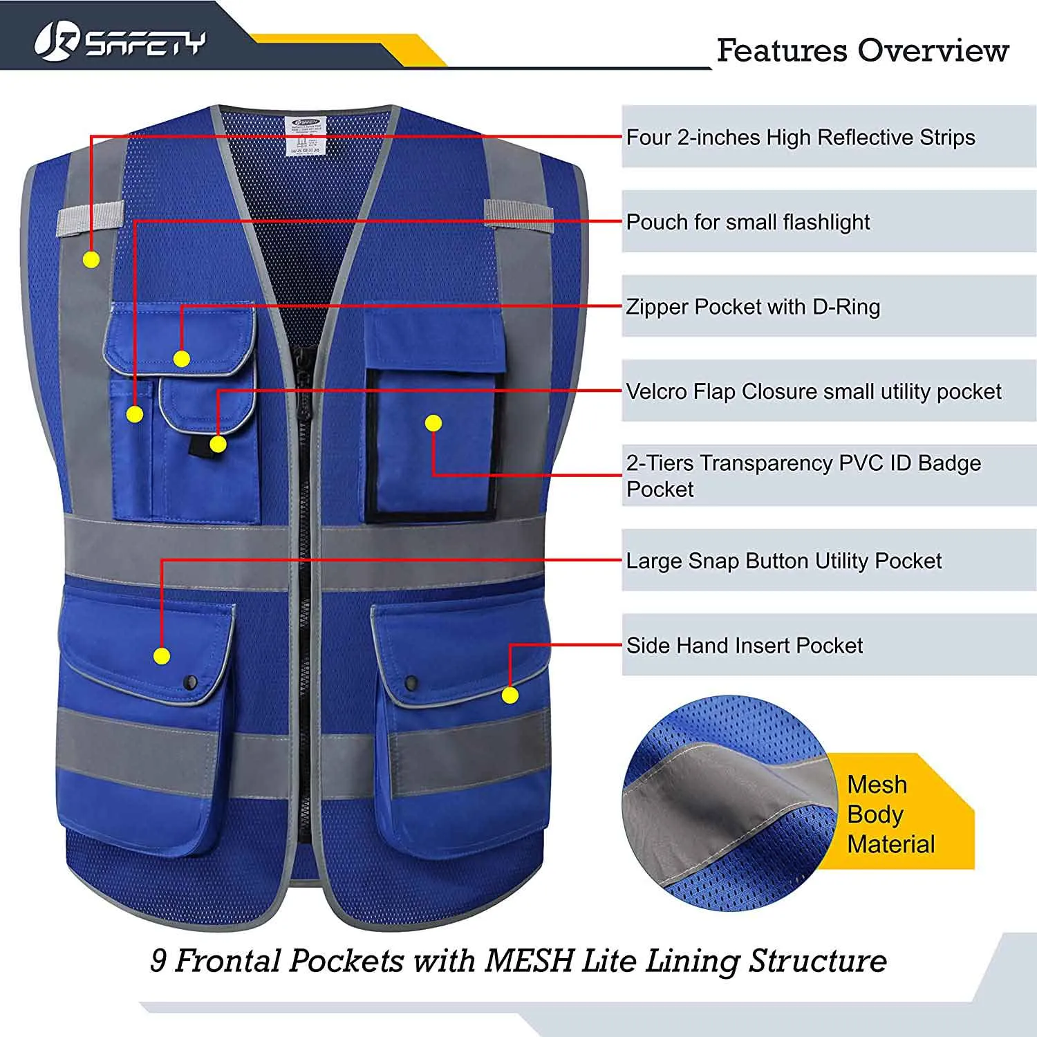 JKSafety 9 Pockets Mesh Hi-Vis Reflective Safety Vest, FAA Drone Pilot (JK210-FAA)