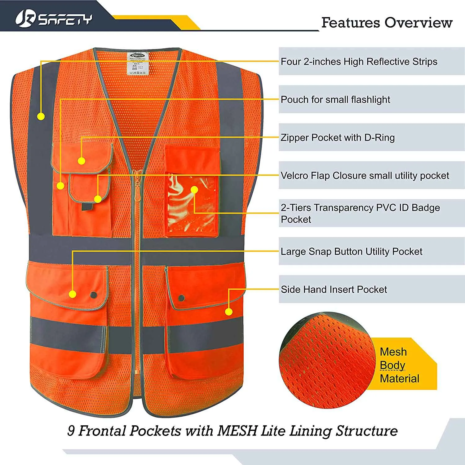 JKSafety 9 Pockets Mesh Hi-Vis Reflective Safety Vest, Security (JK200-SEC)