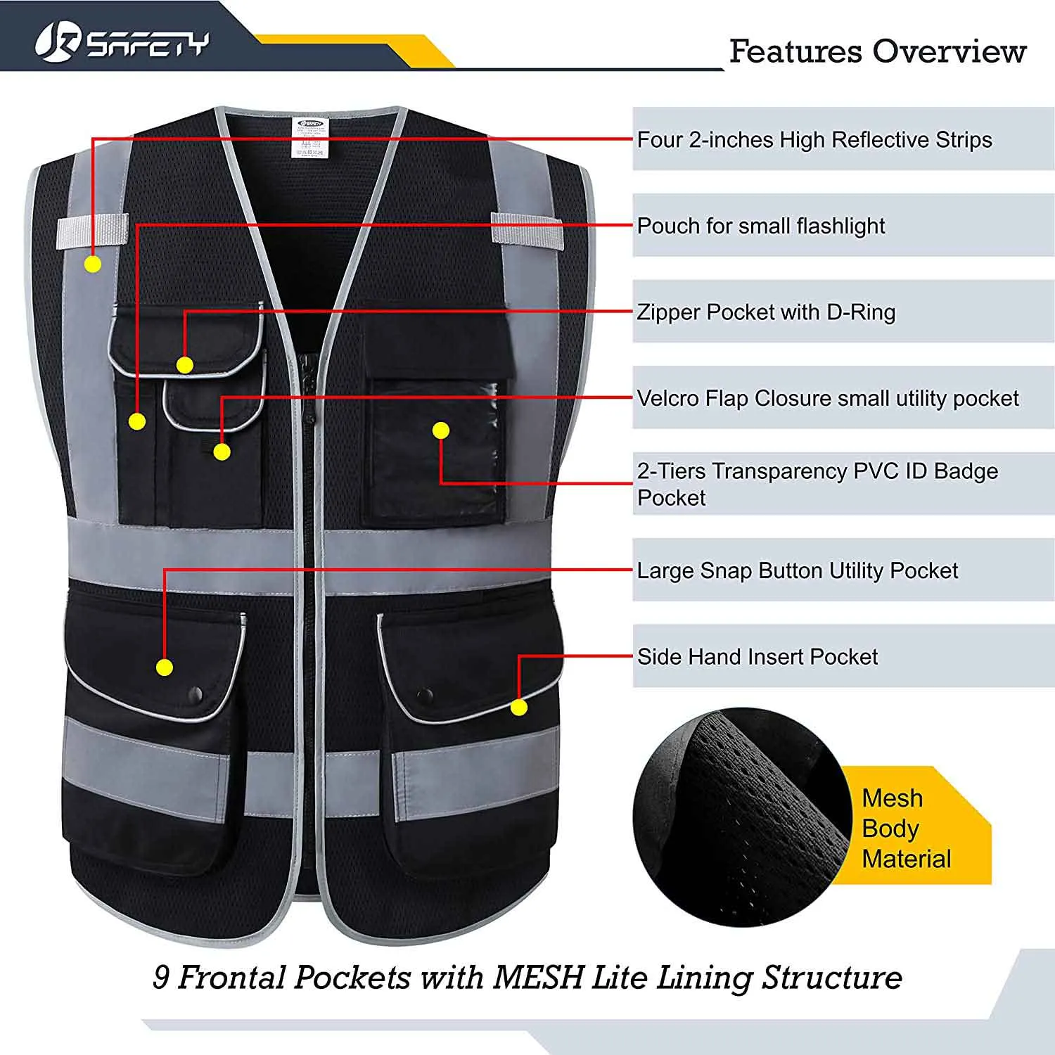 JKSafety 9 Pockets Mesh Hi-Vis Reflective Safety Vest, Security (JK200-SEC)