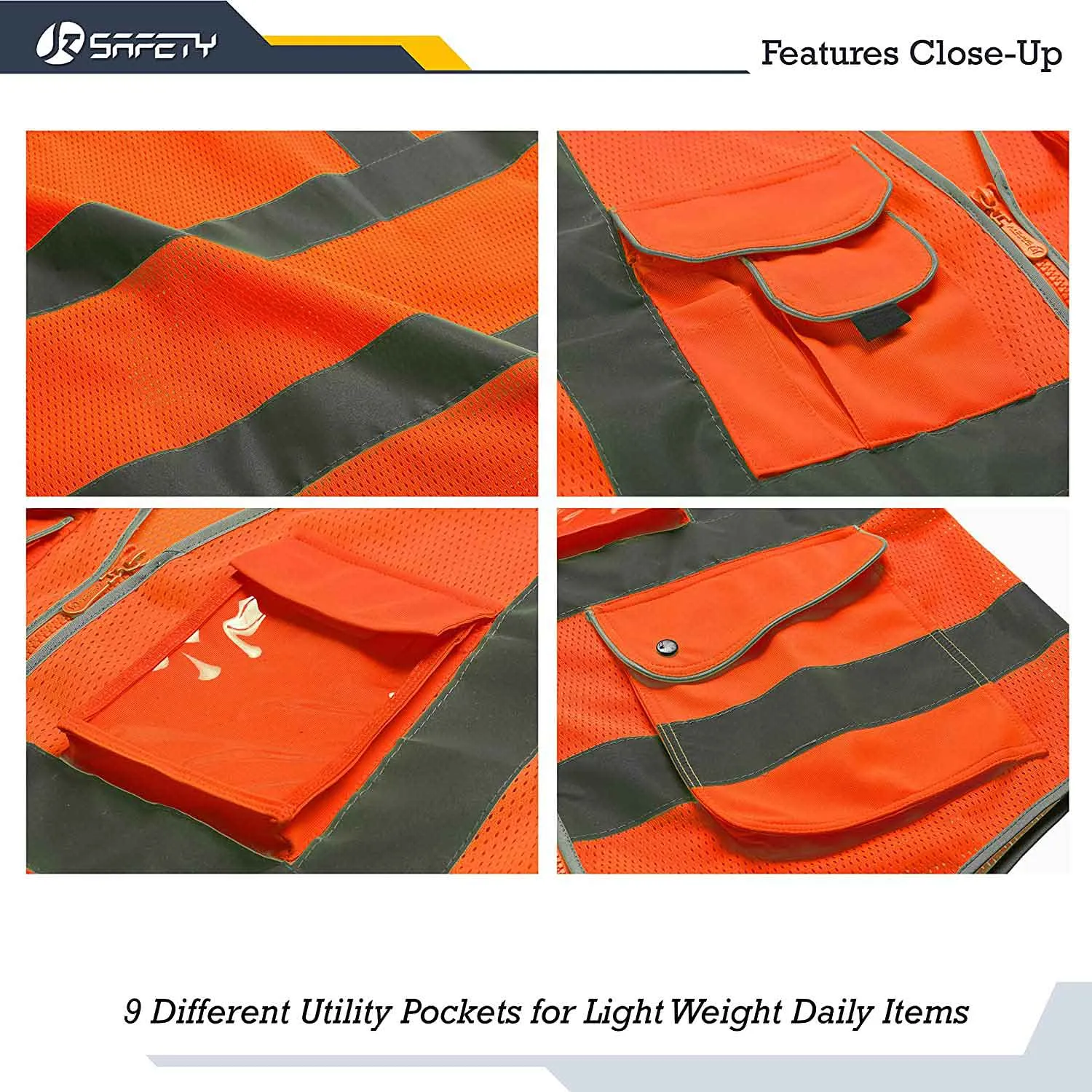 JKSafety 9 Pockets Mesh Hi-Vis Reflective Safety Vest, Security (JK200-SEC)