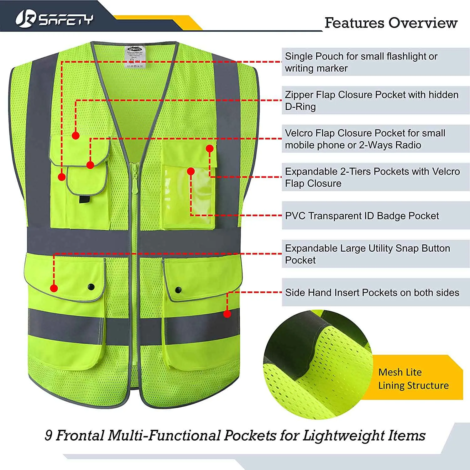 JKSafety 9 Pockets Mesh Hi-Vis Reflective Safety Vest, Security (JK200-SEC)