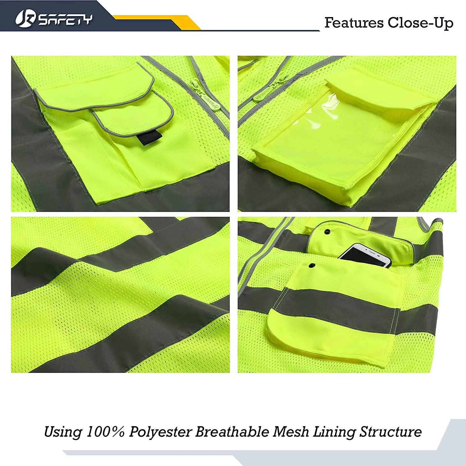 JKSafety 9 Pockets Mesh Hi-Vis Reflective Safety Vest, Security (JK200-SEC)