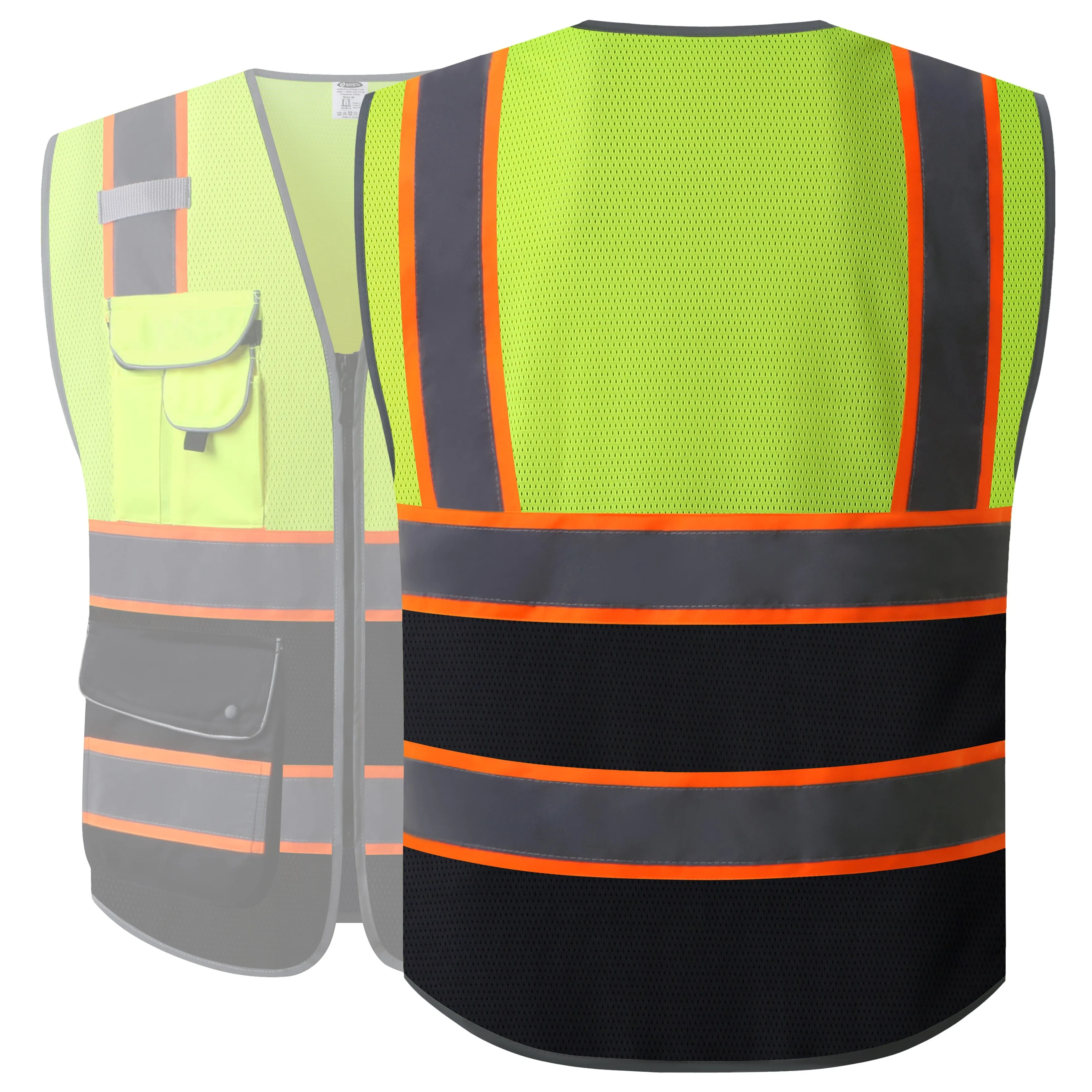 JKSafety 9 Pockets Mesh Two-Tone Hi-Vis Reflective Safety Vest, Black Bottom (JK100)