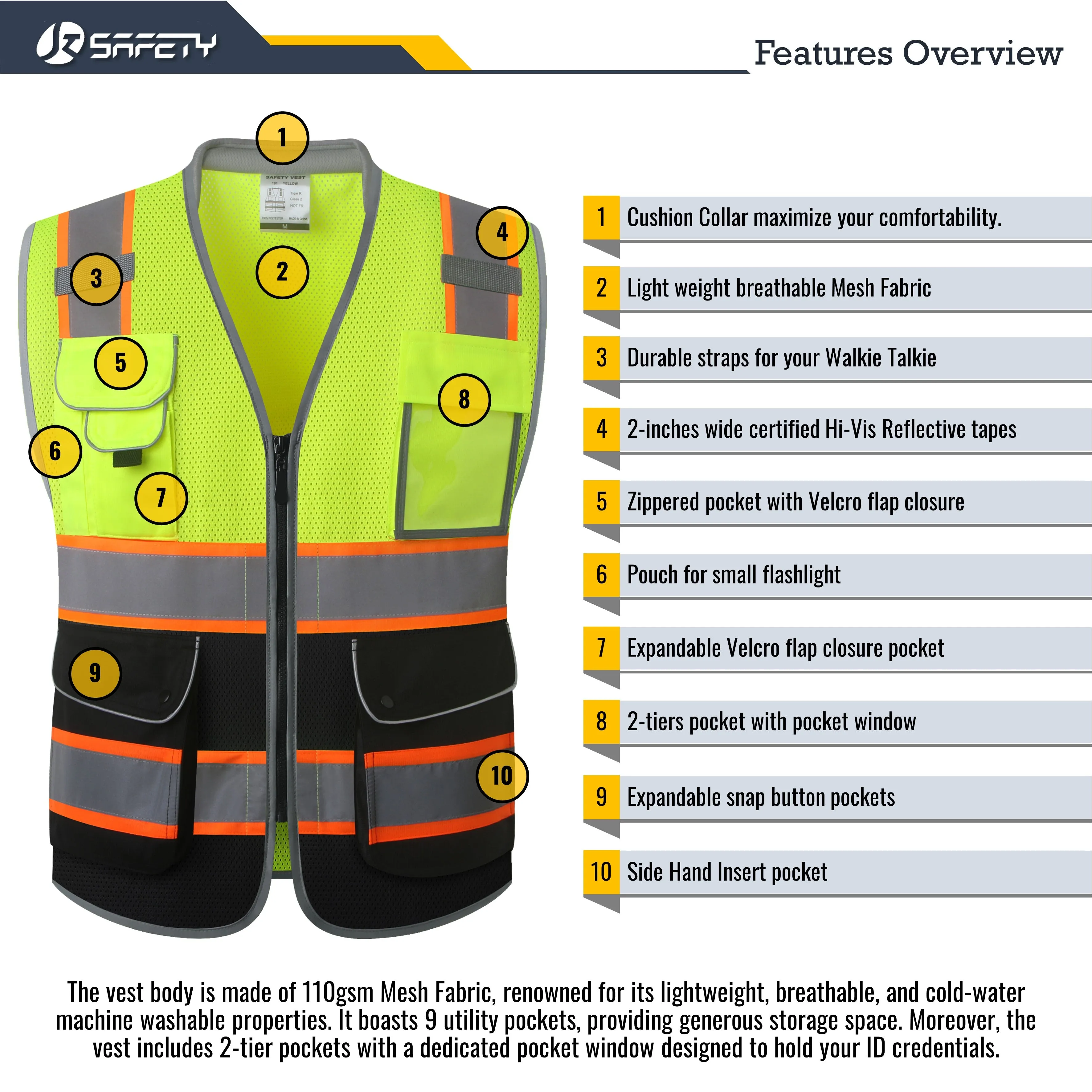 JKSafety 9 Pockets Mesh Two-Tone Hi-Vis Reflective Safety Vest, Cushion Collar, Black Bottom (JK101)