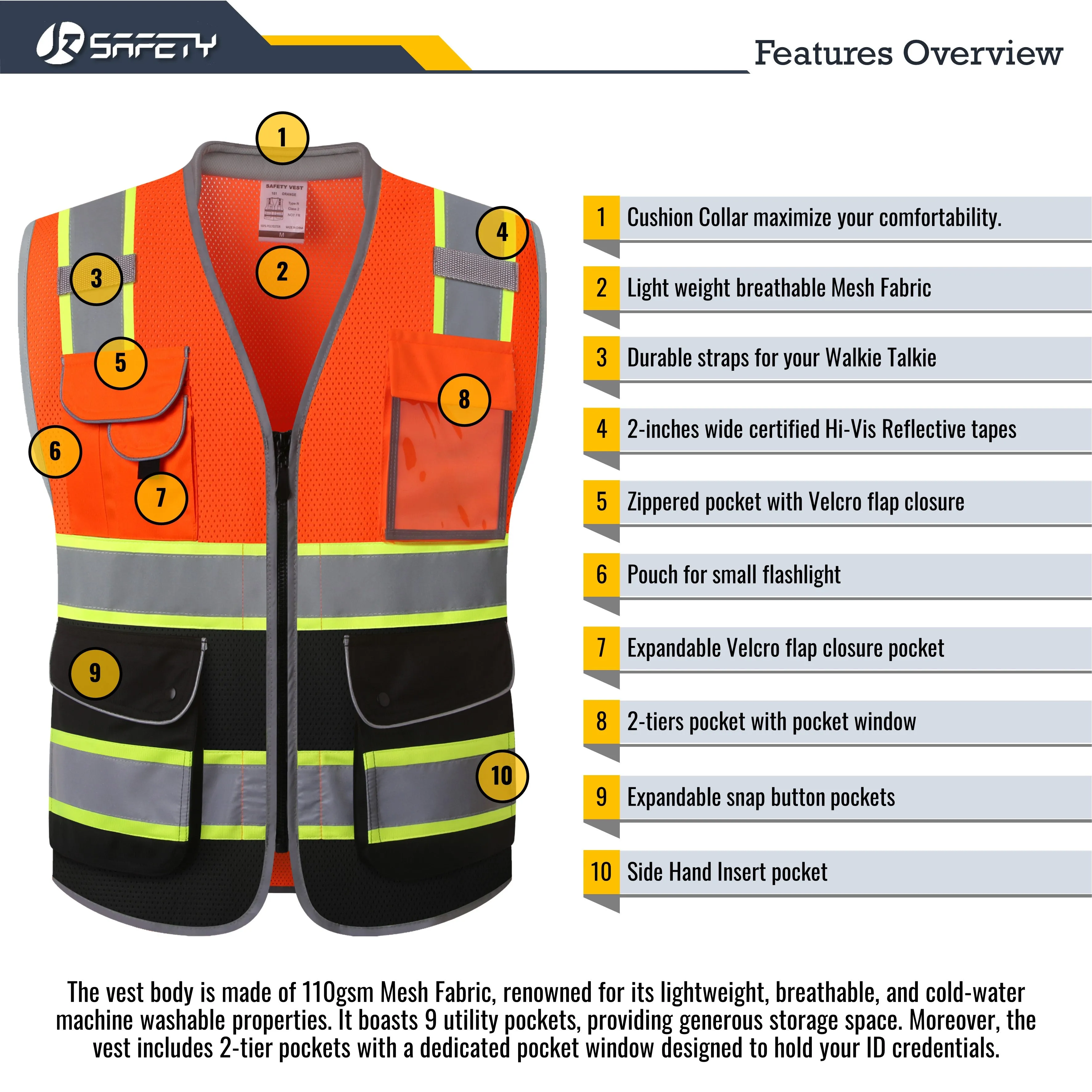 JKSafety 9 Pockets Mesh Two-Tone Hi-Vis Reflective Safety Vest, Cushion Collar, Black Bottom (JK101)