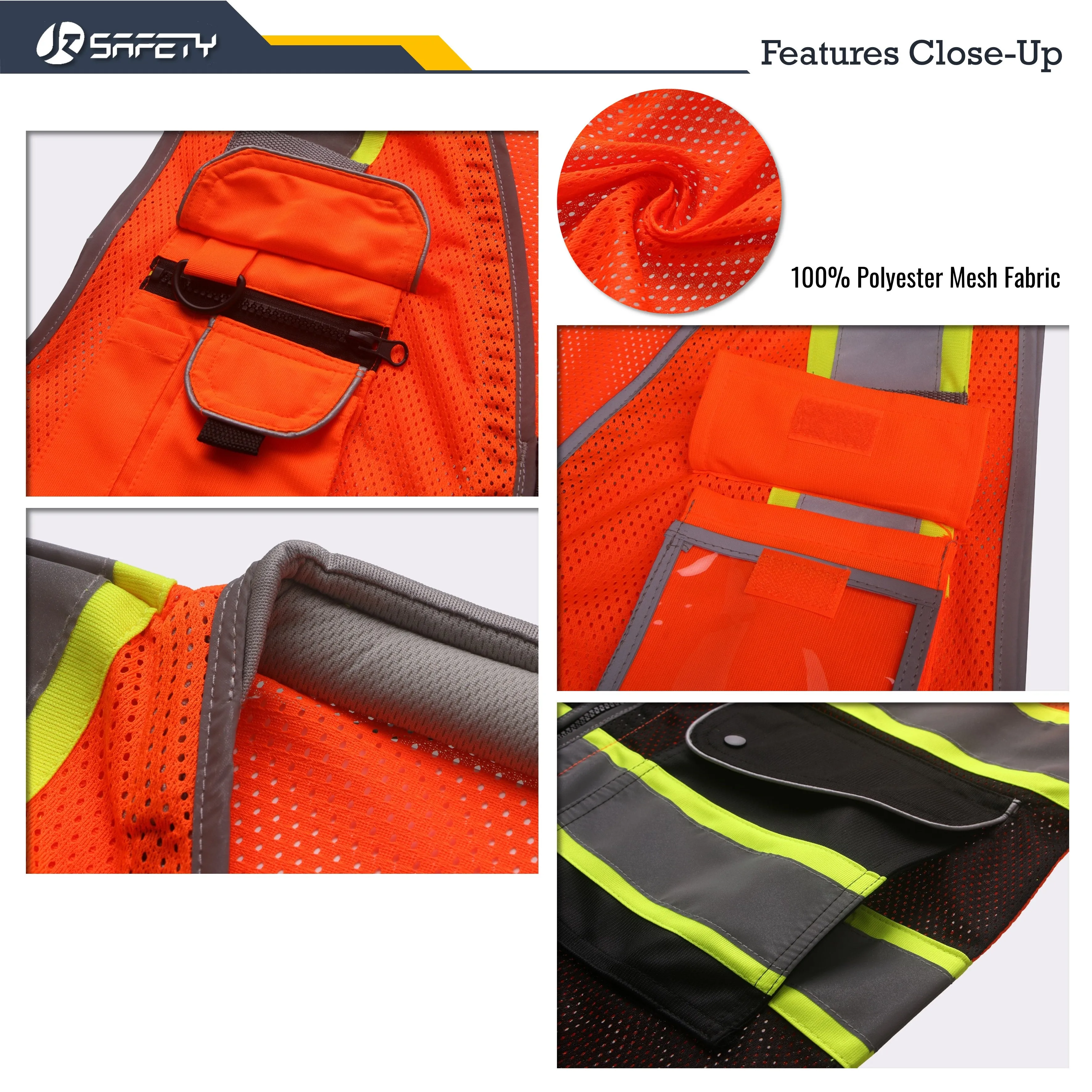 JKSafety 9 Pockets Mesh Two-Tone Hi-Vis Reflective Safety Vest, Cushion Collar, Black Bottom (JK101)