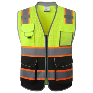 JKSafety 9 Pockets Mesh Two-Tone Hi-Vis Reflective Safety Vest, Cushion Collar, Black Bottom (JK101)