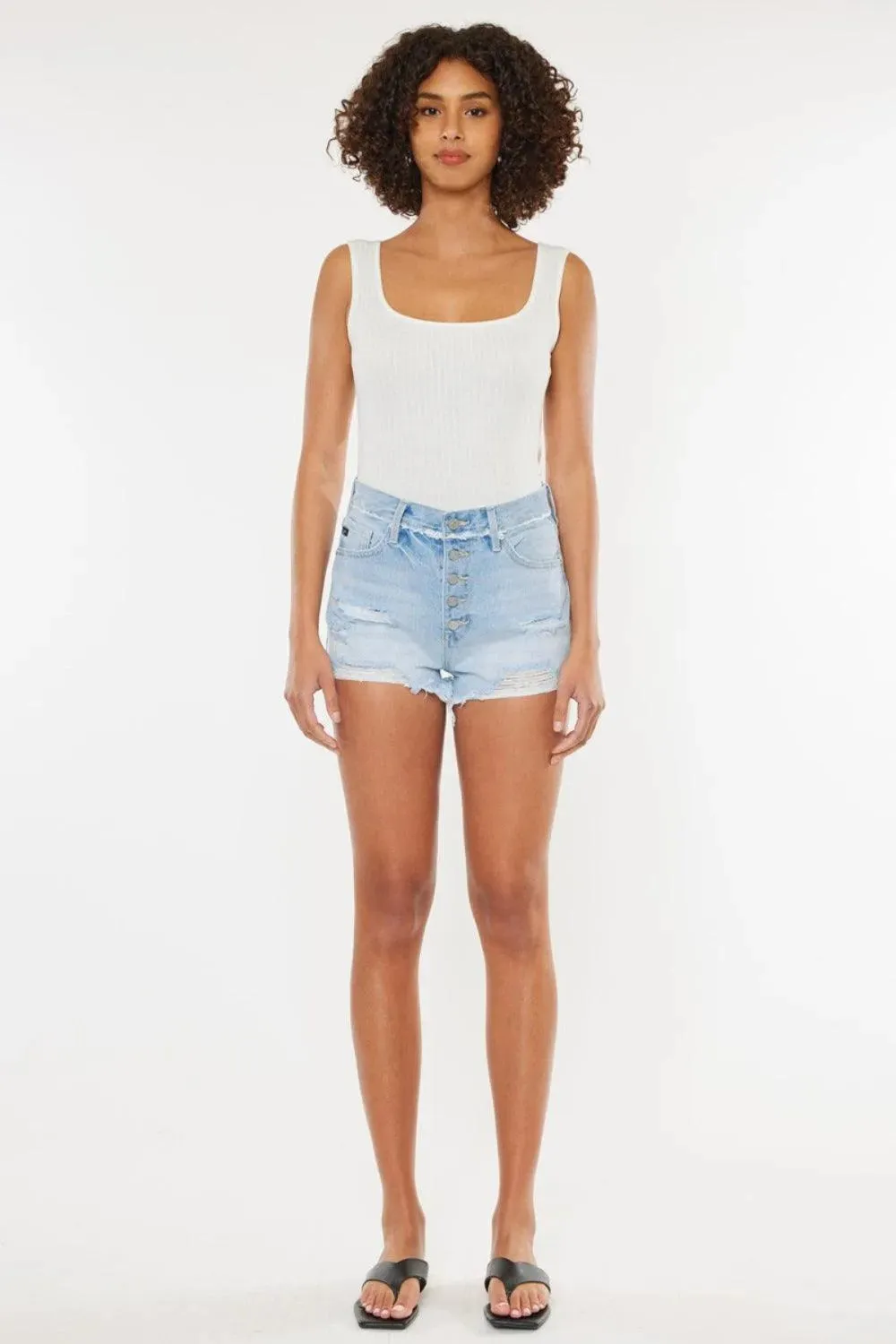 Kancan Distressed Button Fly Medium Denim Shorts