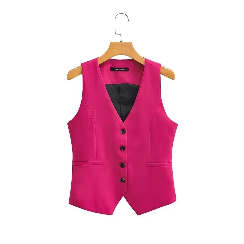 KEYANKETIAN New V-neck Single Breasted Rose Red Suit Vest Women Slim Short Fashion Asymmetrical Thin Sleeveless Coat Vest