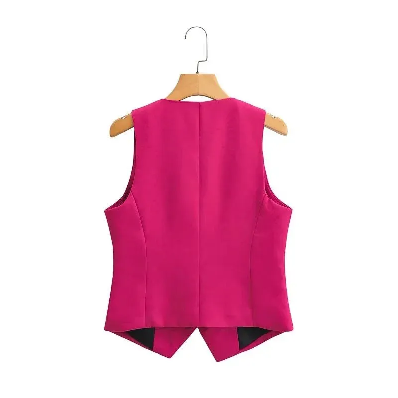 KEYANKETIAN New V-neck Single Breasted Rose Red Suit Vest Women Slim Short Fashion Asymmetrical Thin Sleeveless Coat Vest