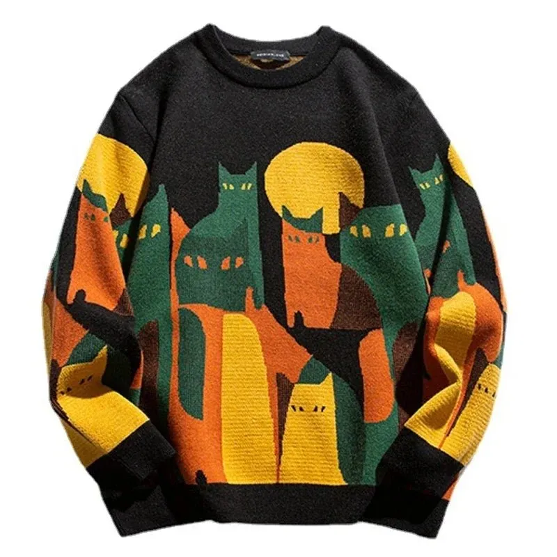 Knitted Sweater Men Women Winter Harajuku Cartoon Full Cat Print Pullover Vintage Causal Loose Sweaters