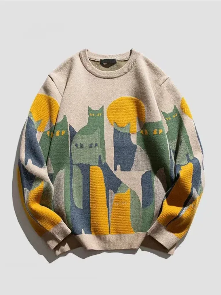 Knitted Sweater Men Women Winter Harajuku Cartoon Full Cat Print Pullover Vintage Causal Loose Sweaters