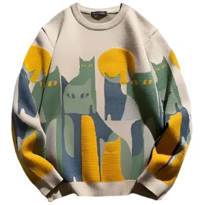 Knitted Sweater Men Women Winter Harajuku Cartoon Full Cat Print Pullover Vintage Causal Loose Sweaters