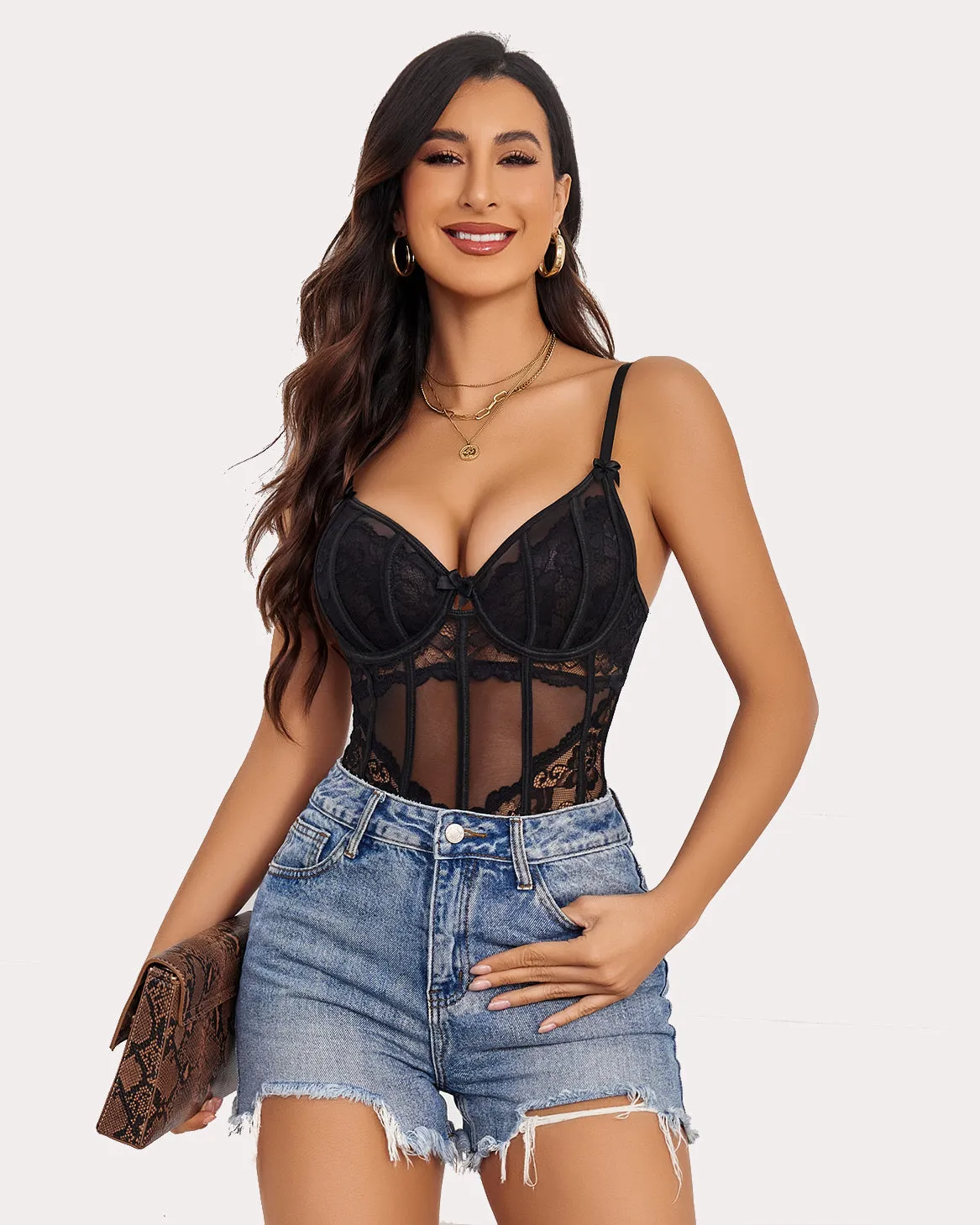 Lace One Piece Underwire V Neck Tops