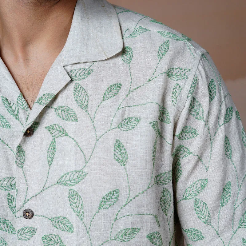 Linen Embroidered Shirt | Beige & Green | Unisex