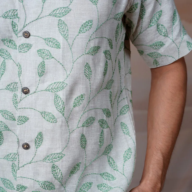 Linen Embroidered Shirt | Beige & Green | Unisex