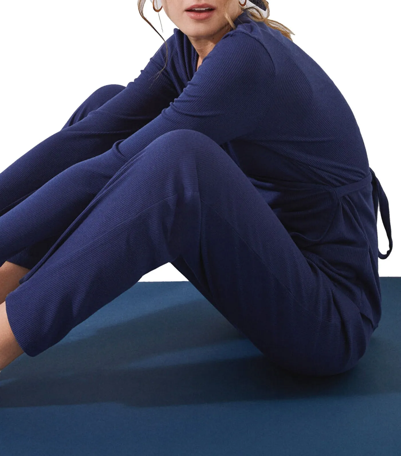 Long Ribbed Pajamas with Wrap Top Set Blue