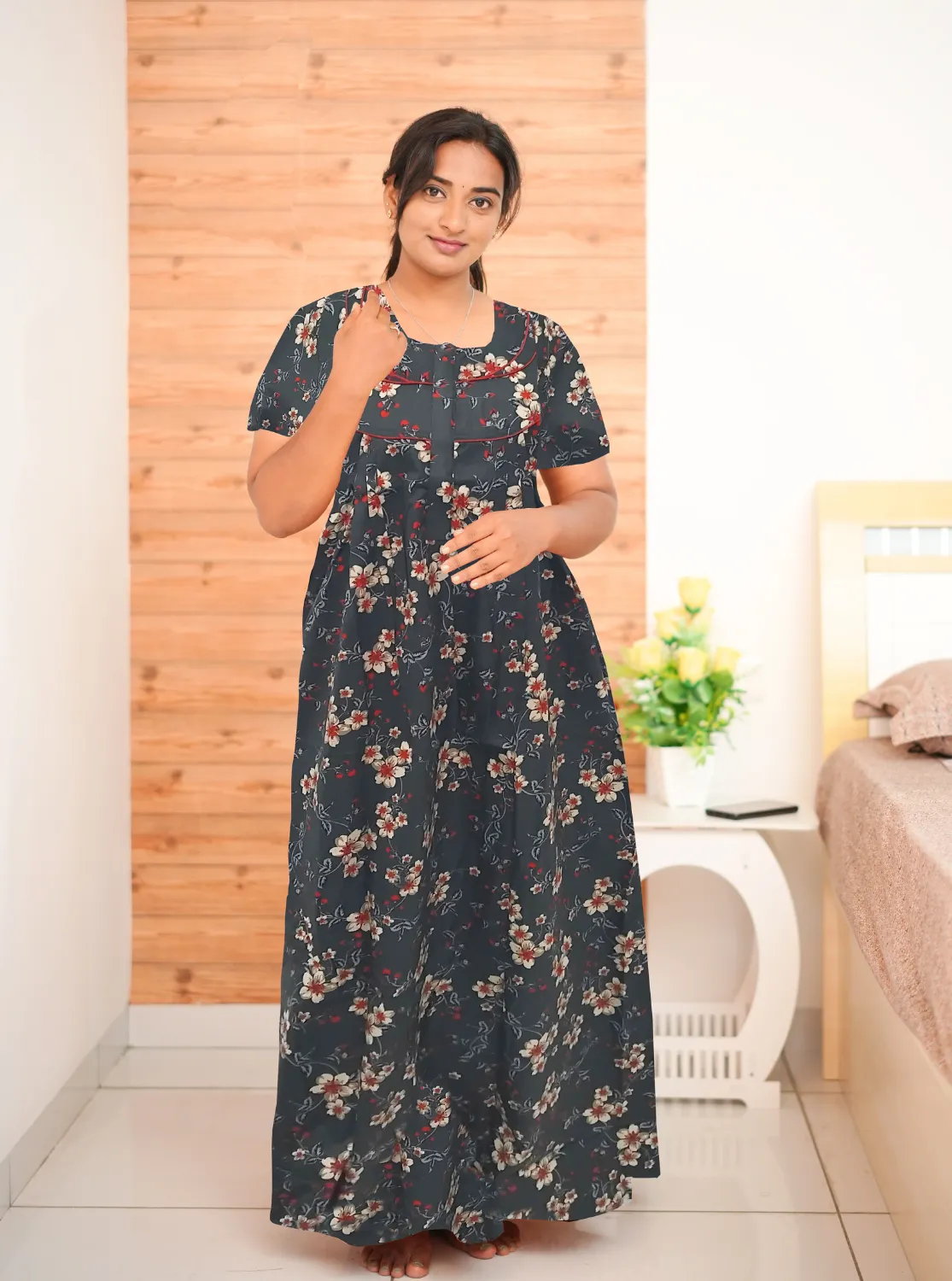 MANGAI New Regular Fit Cotton Printed Pleated Nighties - All Over Printed Stylish Nighties  | Side Cut Pocket | Front Open Zipper Type | Beautiful Nighties for Stylish Women's (PLE)