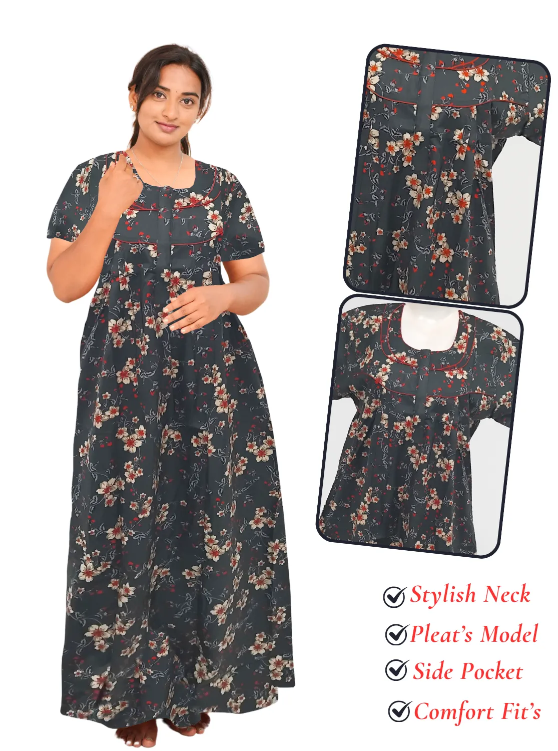 MANGAI New Regular Fit Cotton Printed Pleated Nighties - All Over Printed Stylish Nighties  | Side Cut Pocket | Front Open Zipper Type | Beautiful Nighties for Stylish Women's (PLE)