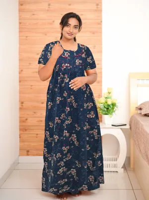 MANGAI New Regular Fit Cotton Printed Pleated Nighties - All Over Printed Stylish Nighties  | Side Cut Pocket | Front Open Zipper Type | Beautiful Nighties for Stylish Women's (PLE)