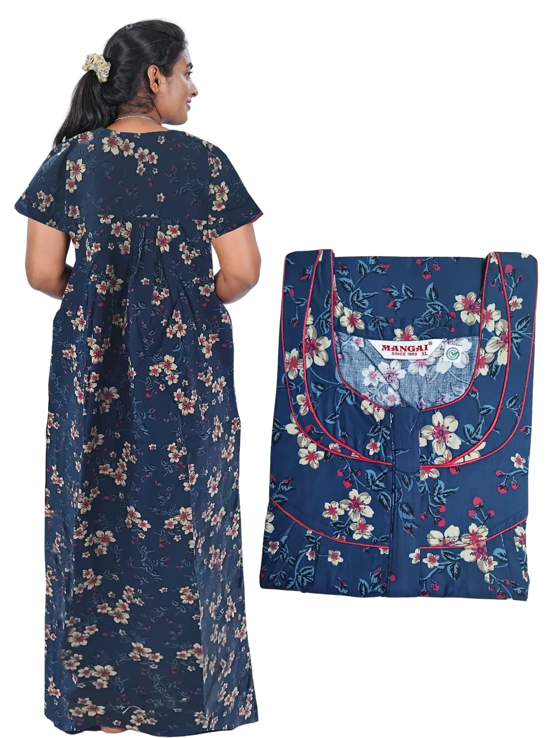 MANGAI New Regular Fit Cotton Printed Pleated Nighties - All Over Printed Stylish Nighties  | Side Cut Pocket | Front Open Zipper Type | Beautiful Nighties for Stylish Women's (PLE)