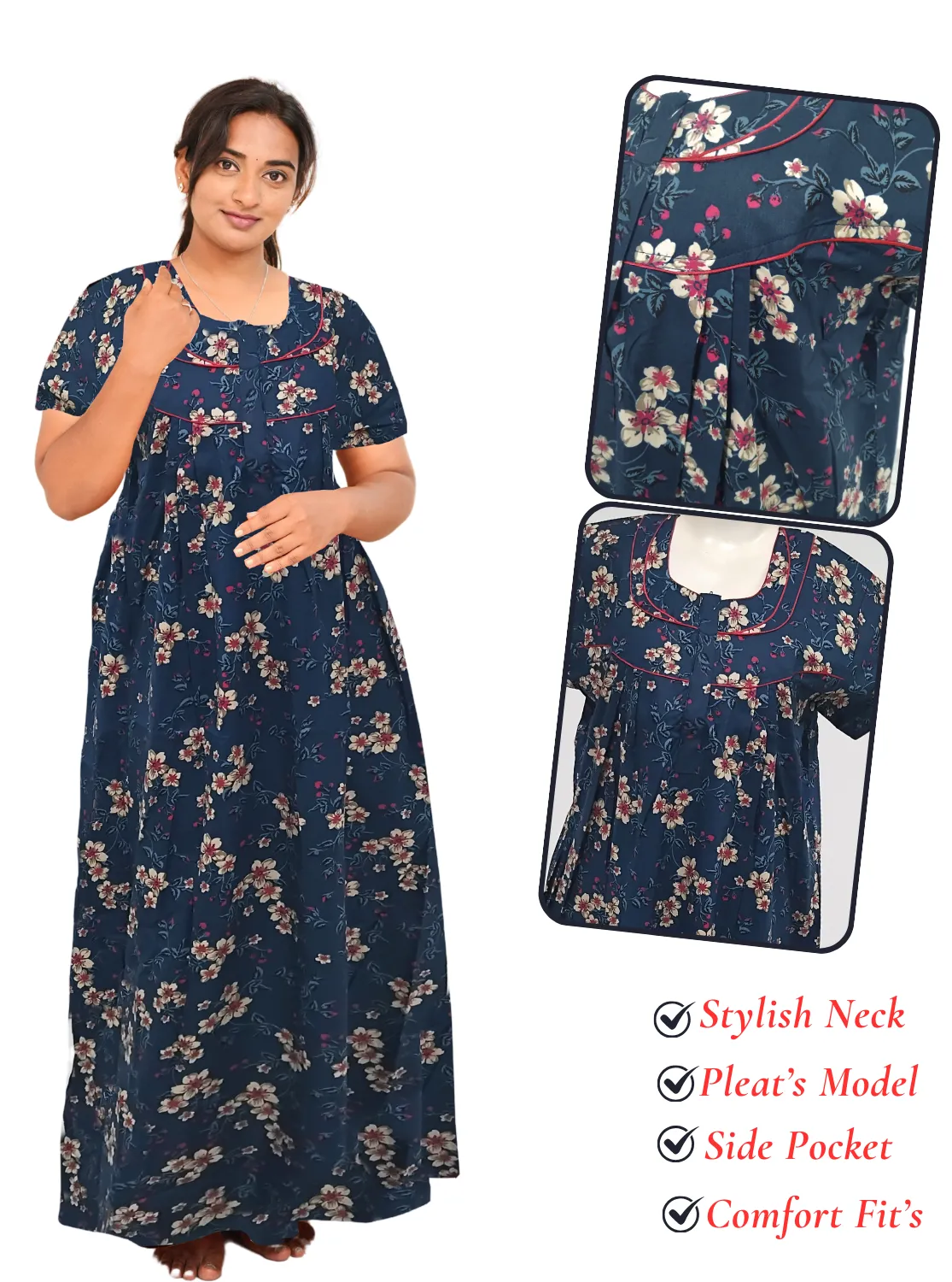 MANGAI New Regular Fit Cotton Printed Pleated Nighties - All Over Printed Stylish Nighties  | Side Cut Pocket | Front Open Zipper Type | Beautiful Nighties for Stylish Women's (PLE)