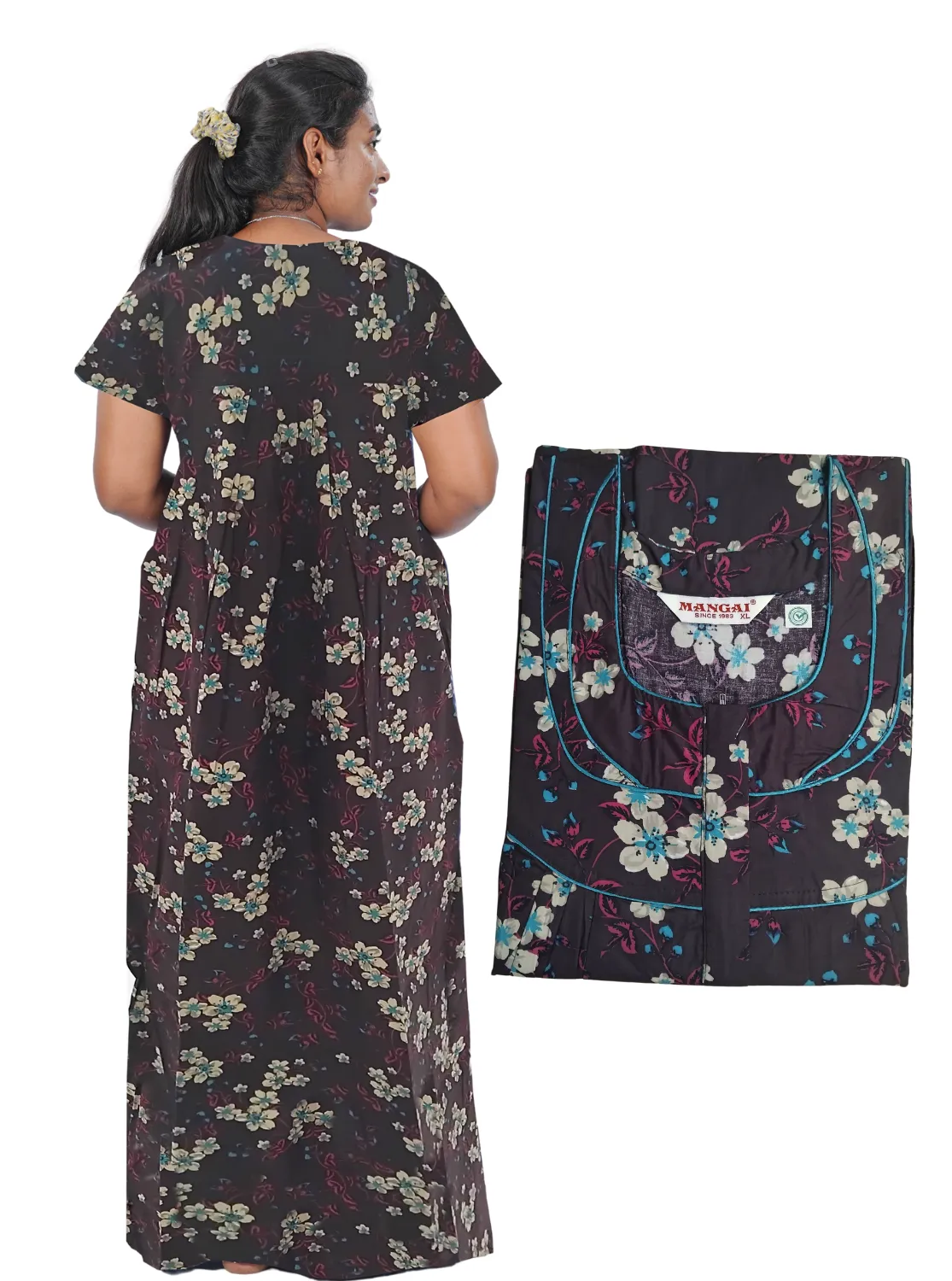 MANGAI New Regular Fit Cotton Printed Pleated Nighties - All Over Printed Stylish Nighties  | Side Cut Pocket | Front Open Zipper Type | Beautiful Nighties for Stylish Women's (PLE)