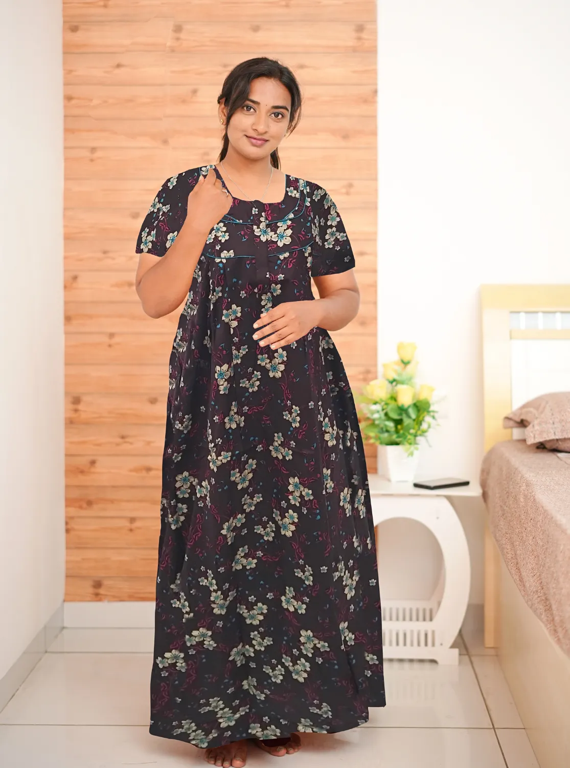 MANGAI New Regular Fit Cotton Printed Pleated Nighties - All Over Printed Stylish Nighties  | Side Cut Pocket | Front Open Zipper Type | Beautiful Nighties for Stylish Women's (PLE)