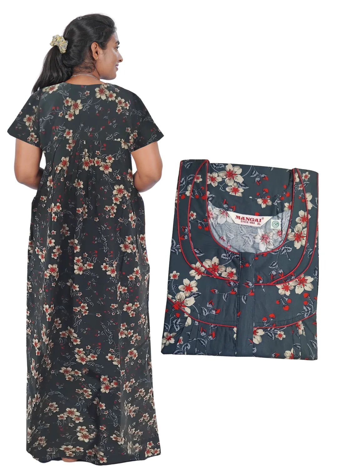 MANGAI New Regular Fit Cotton Printed Pleated Nighties - All Over Printed Stylish Nighties  | Side Cut Pocket | Front Open Zipper Type | Beautiful Nighties for Stylish Women's (PLE)