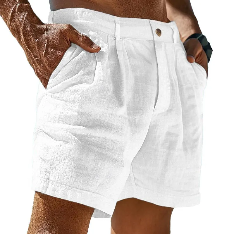 Men's Linen Solid Color Summer Shorts Beach Shorts 61078937X