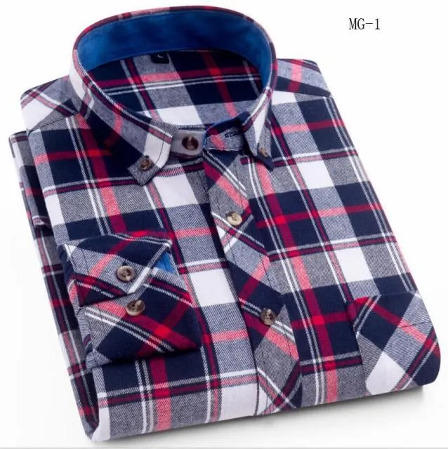 Men's Plaid Cotton Shirt Chest Pocket Smart Casual Classic Contrast Standard-fit Long Sleeve Dress Shirts