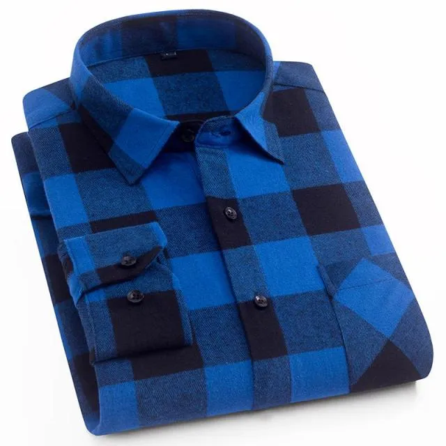 Men's Plaid Cotton Shirt Chest Pocket Smart Casual Classic Contrast Standard-fit Long Sleeve Dress Shirts