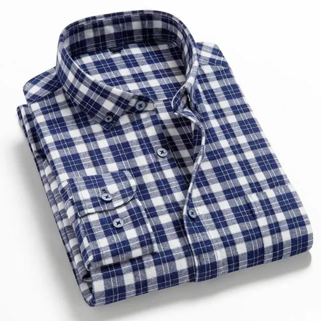 Men's Plaid Cotton Shirt Chest Pocket Smart Casual Classic Contrast Standard-fit Long Sleeve Dress Shirts