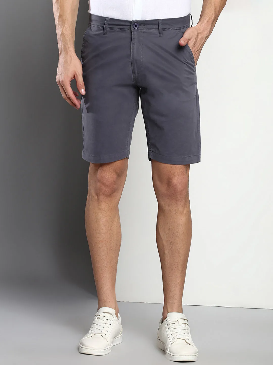 Men's Steel Grey Slim Fit Mid Rise Casual Cotton Shorts