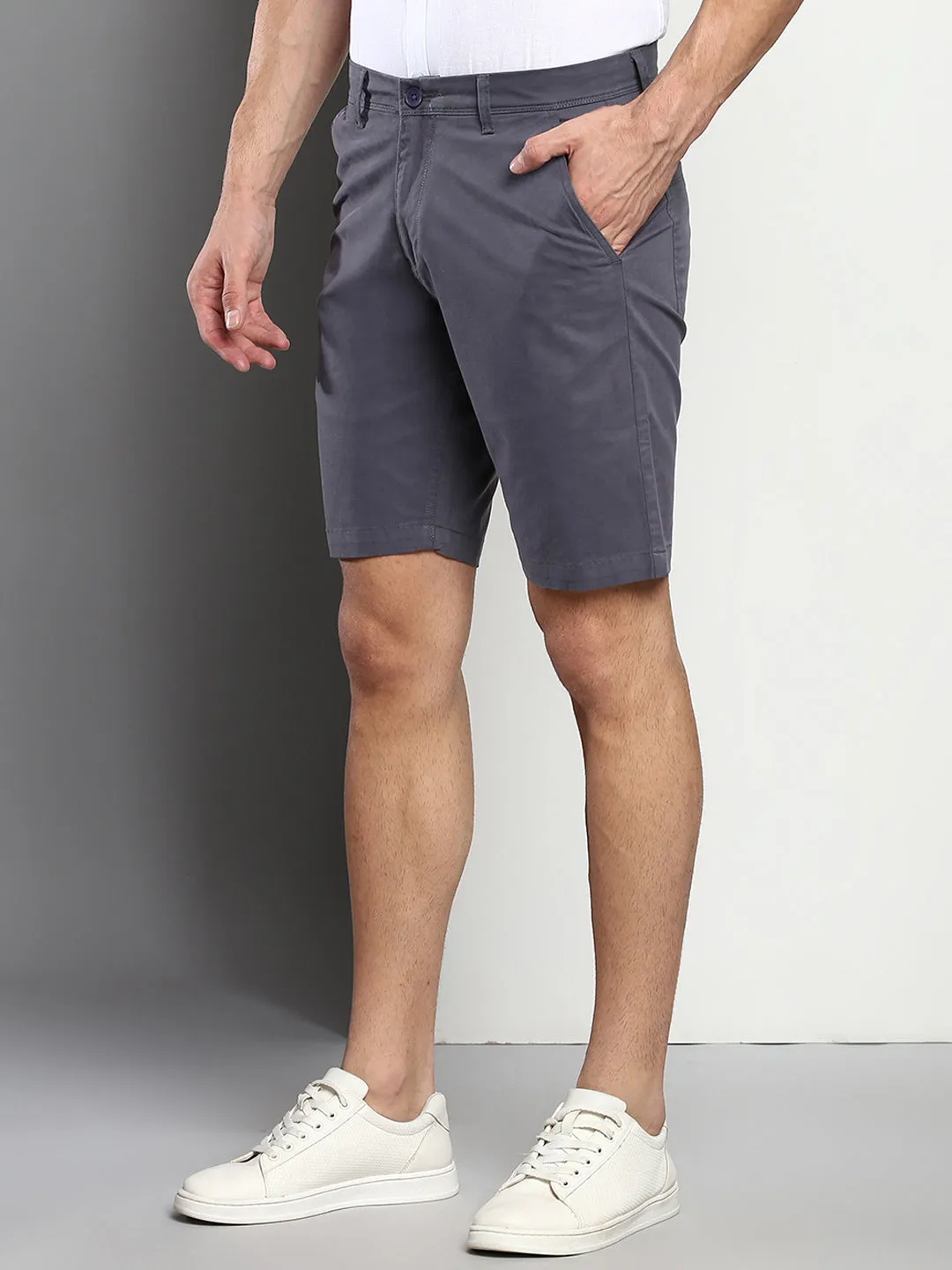 Men's Steel Grey Slim Fit Mid Rise Casual Cotton Shorts