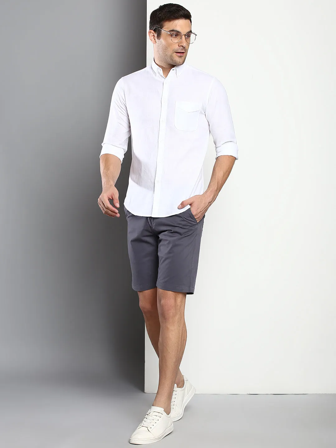 Men's Steel Grey Slim Fit Mid Rise Casual Cotton Shorts