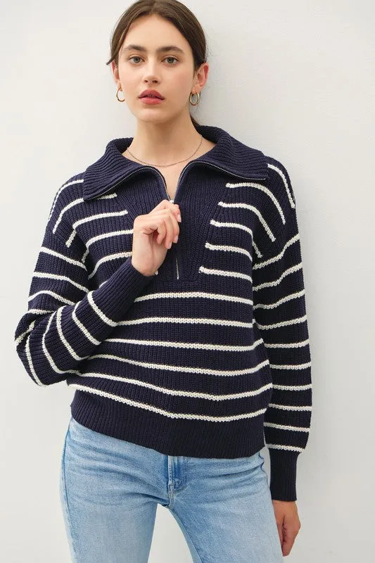 Navy Striped Zip Sweater Pullover