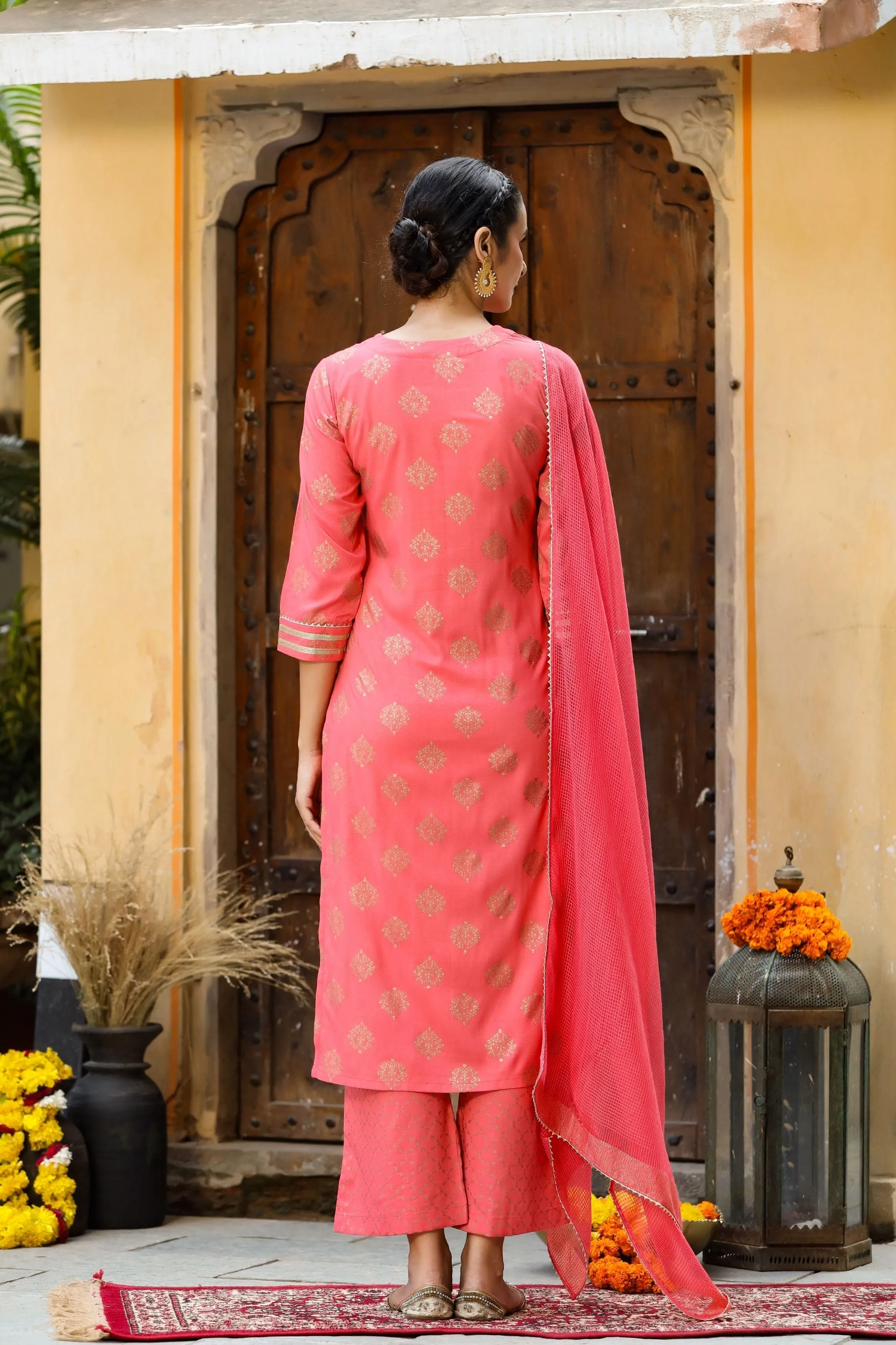 Peach Gold Printed Suit Set with Dupatta