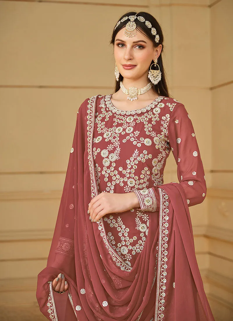 Peach Thread And Sequence Embroidery Gharara Suit